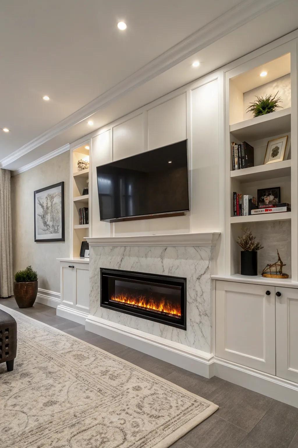 LED wall-affixed fireplaces contribute a contemporary twist.