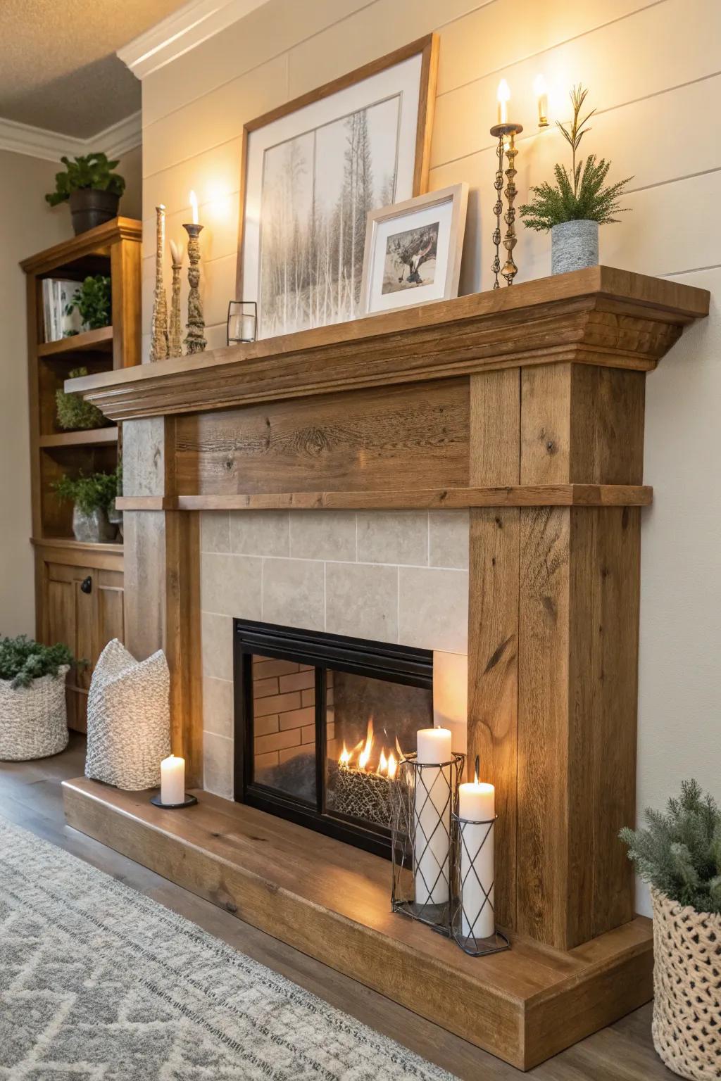 Wooden mantels can be adapted to blend seamlessly with rustic or modern themes.
