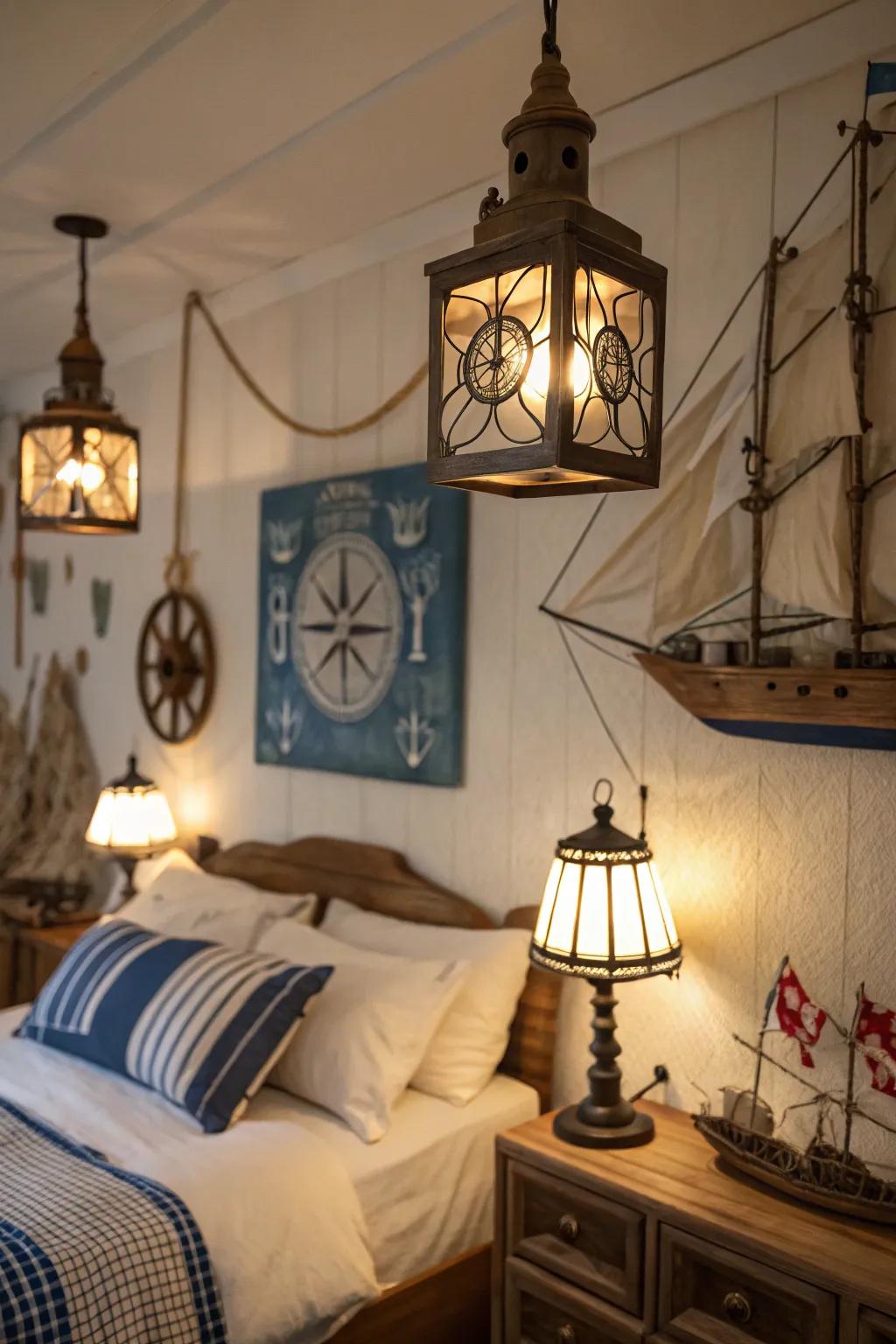 Beacon-shaped illumination elevates the maritime theme of the room.