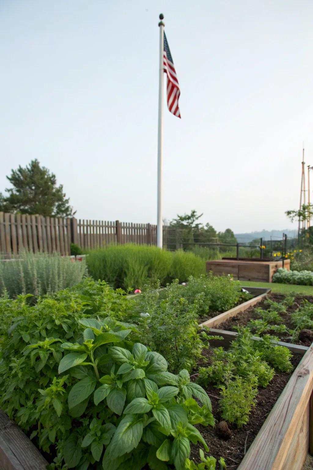 Herb gardens contribute fragrance and practicality to flagpole garden design.