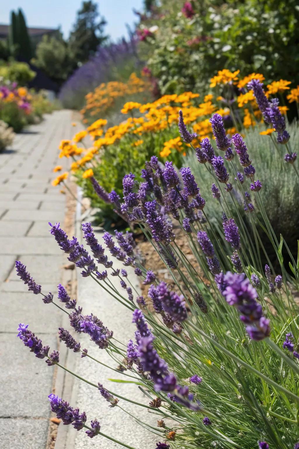 A sunny floral border showcasing low-maintenance, drought-tolerant plants like lavender.
