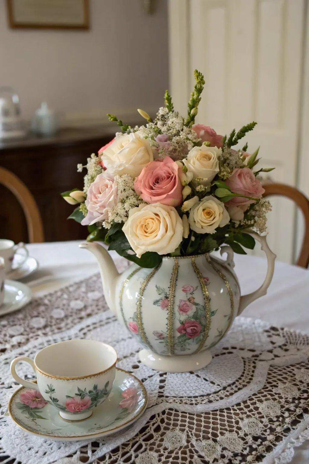 A vintage bouquet in a teapot lends a nostalgic touch to a dining table.