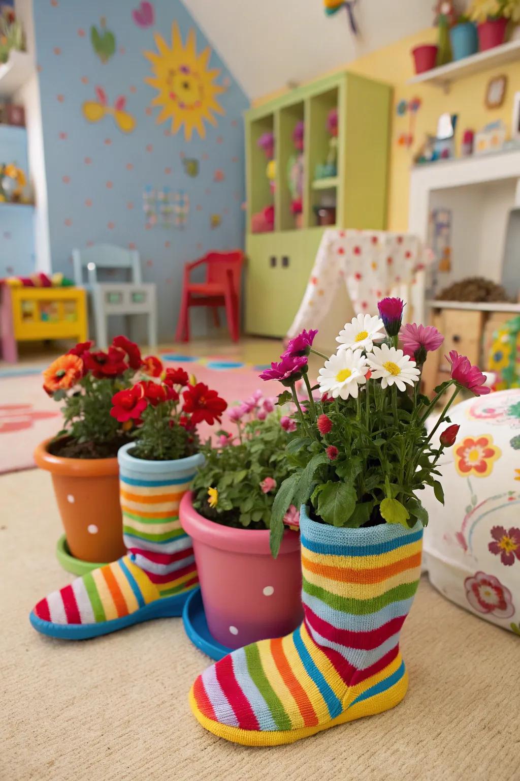 Flower containers dressed in vibrant stockings for a fun variation.