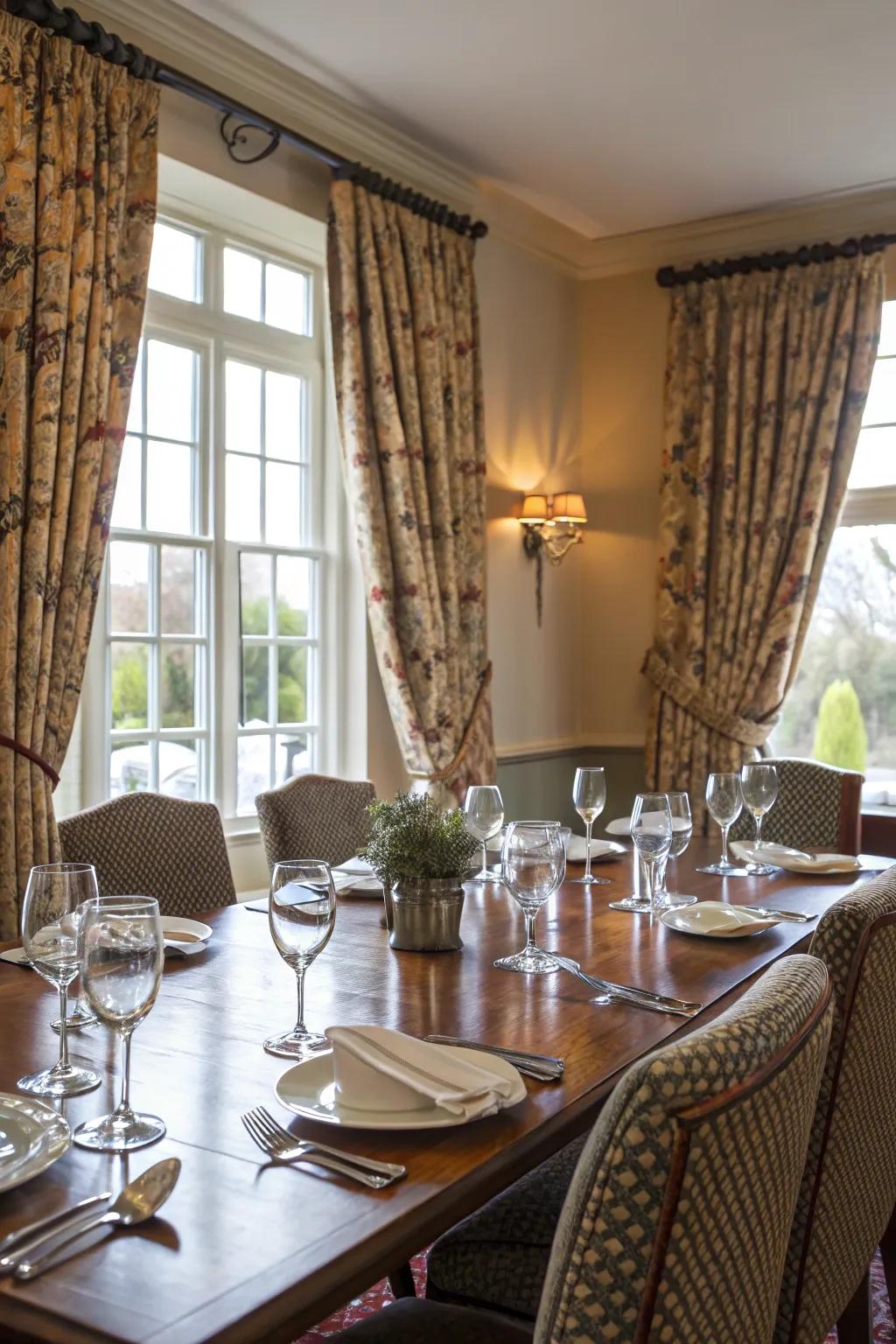 Designed window coverings add visual interest and charm to this dining area.