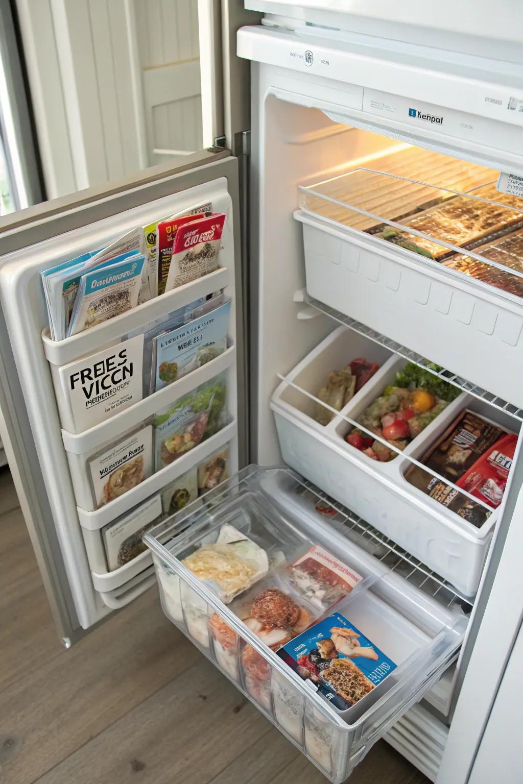 Magazine holders can creatively organize flat freezer items.