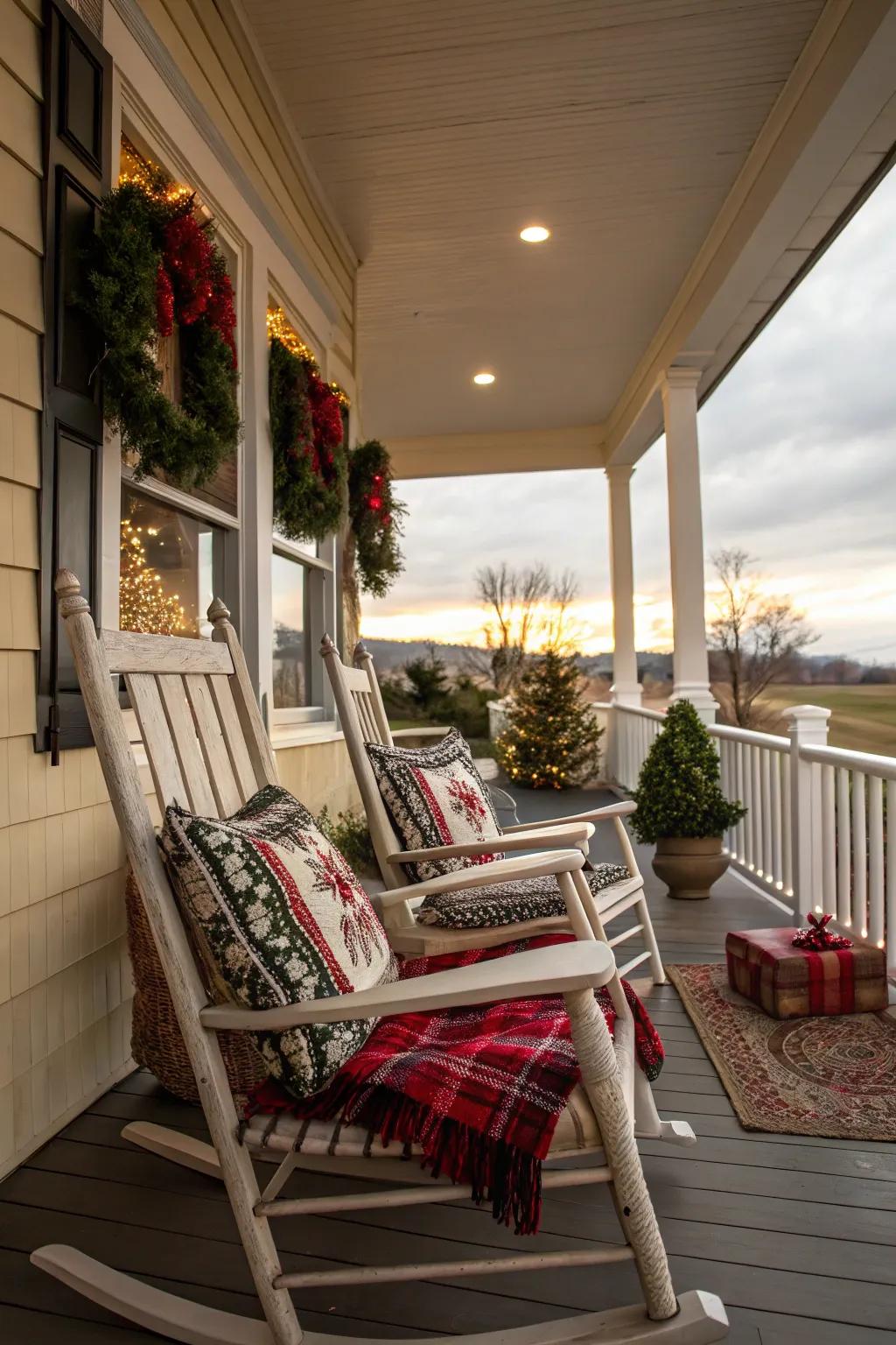 Oscillating chairs proffer a cozy vantage to relish the holiday vista.