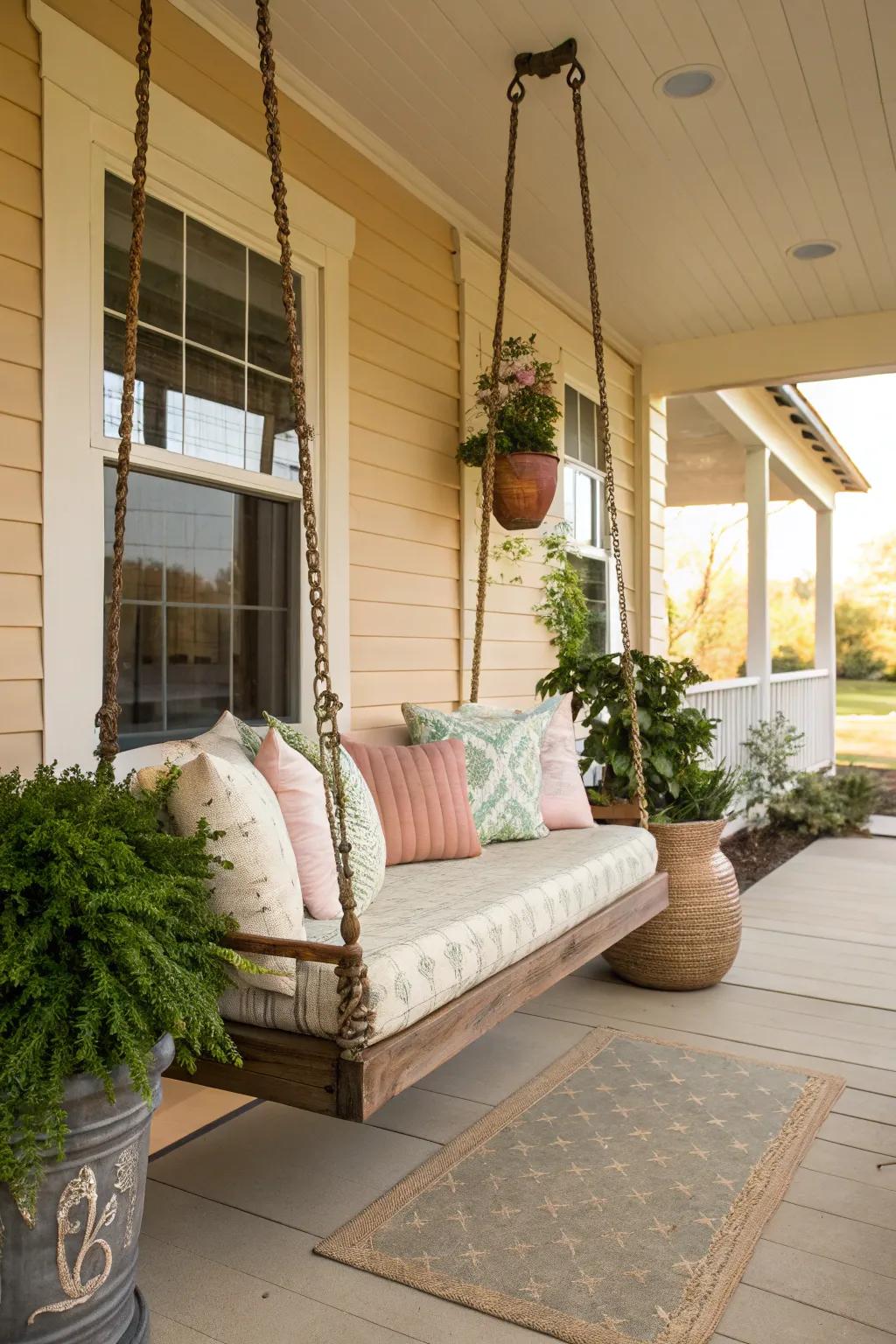Your porch gains a fun and peaceful touch from a hanging swing.