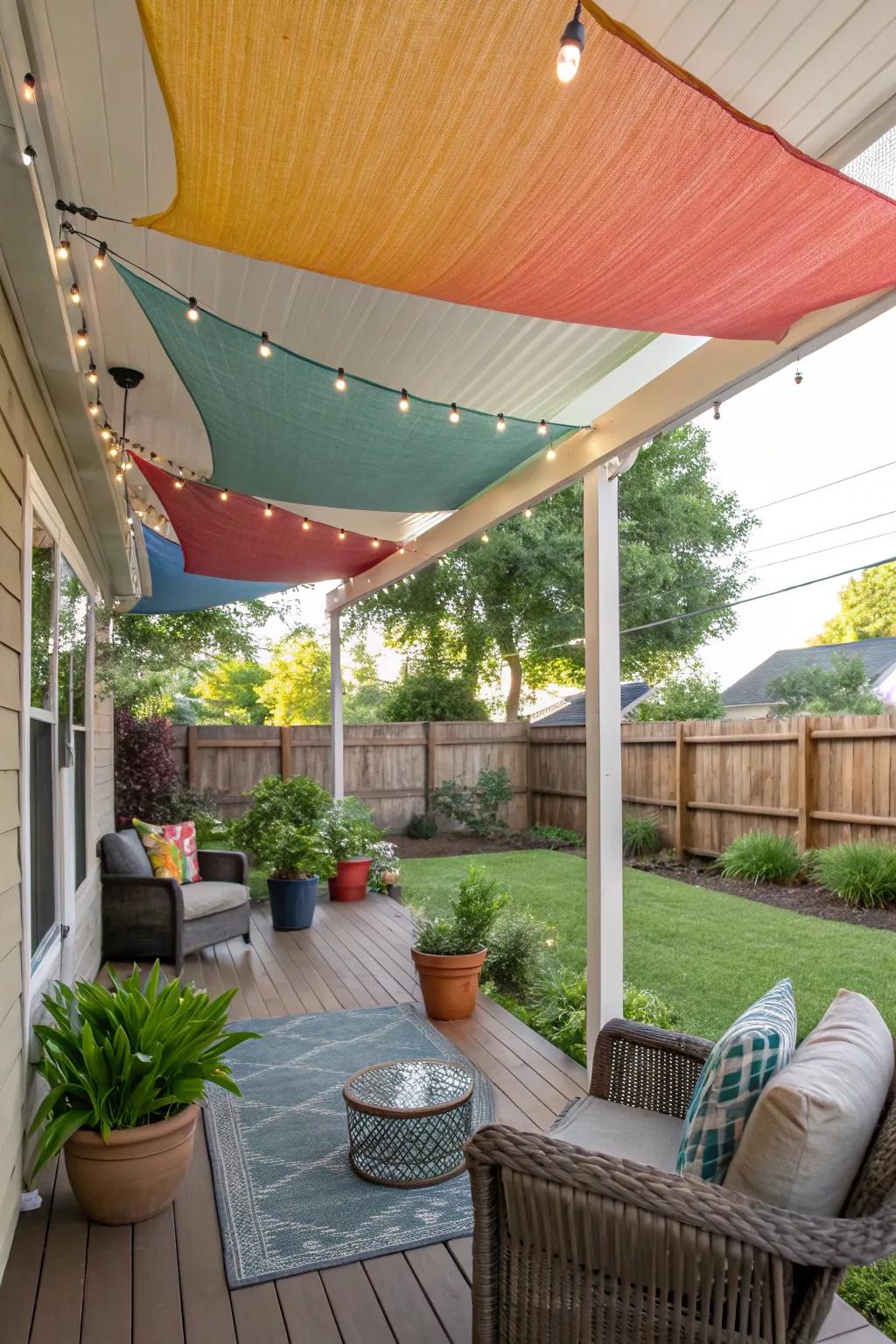 Shade cloths introduce color and privacy to a welcoming front porch.
