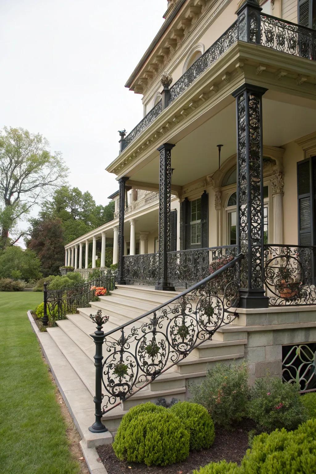 Sophisticated wrought iron railings featuring intricate details