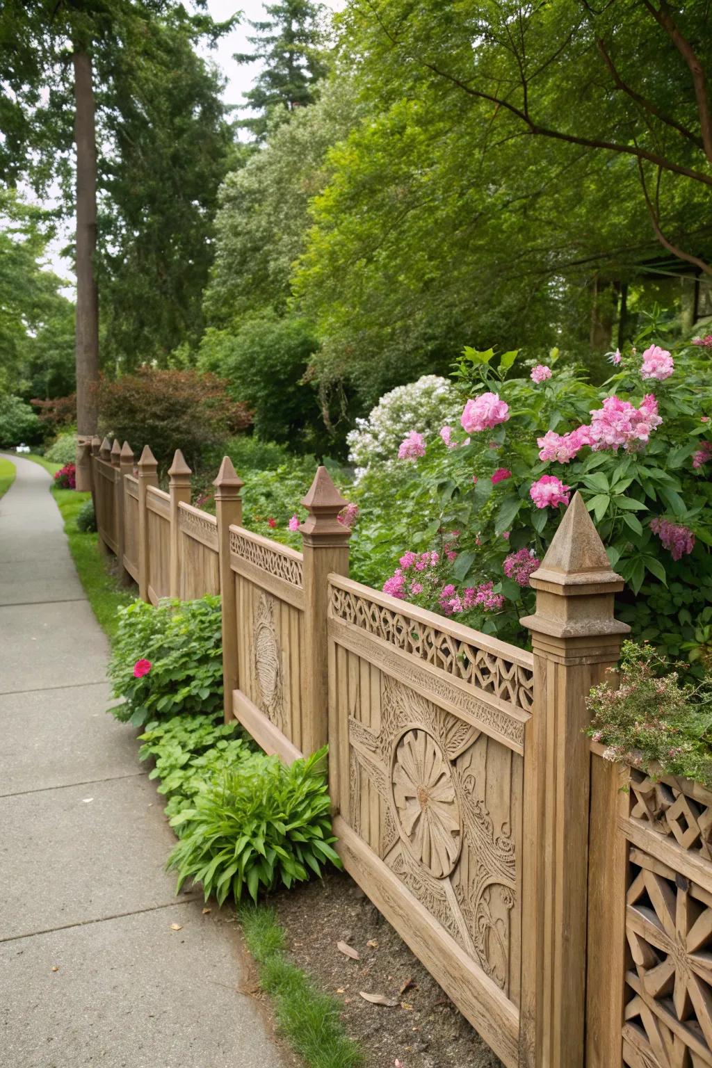 A delightful bespoke fence defines a corner lot garden space.