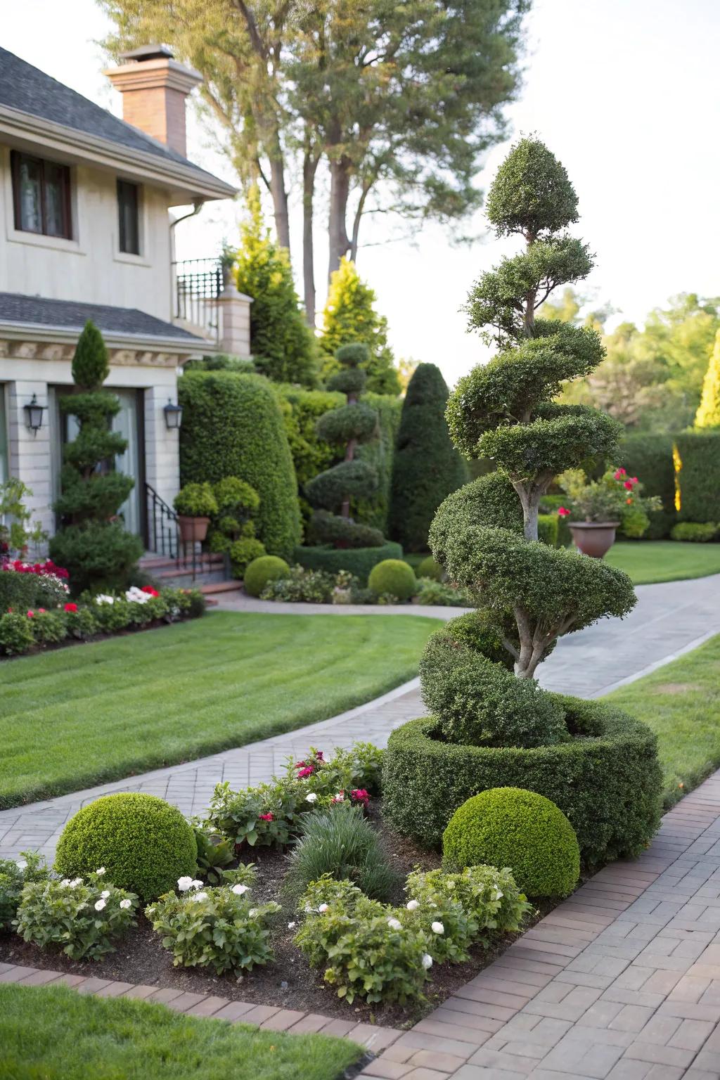 Topiary evergreens add whimsy and elegance to the landscape.