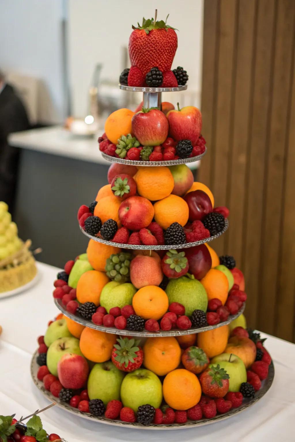 A celebratory fruit tower, bestowing altitude and theatrics upon any function.