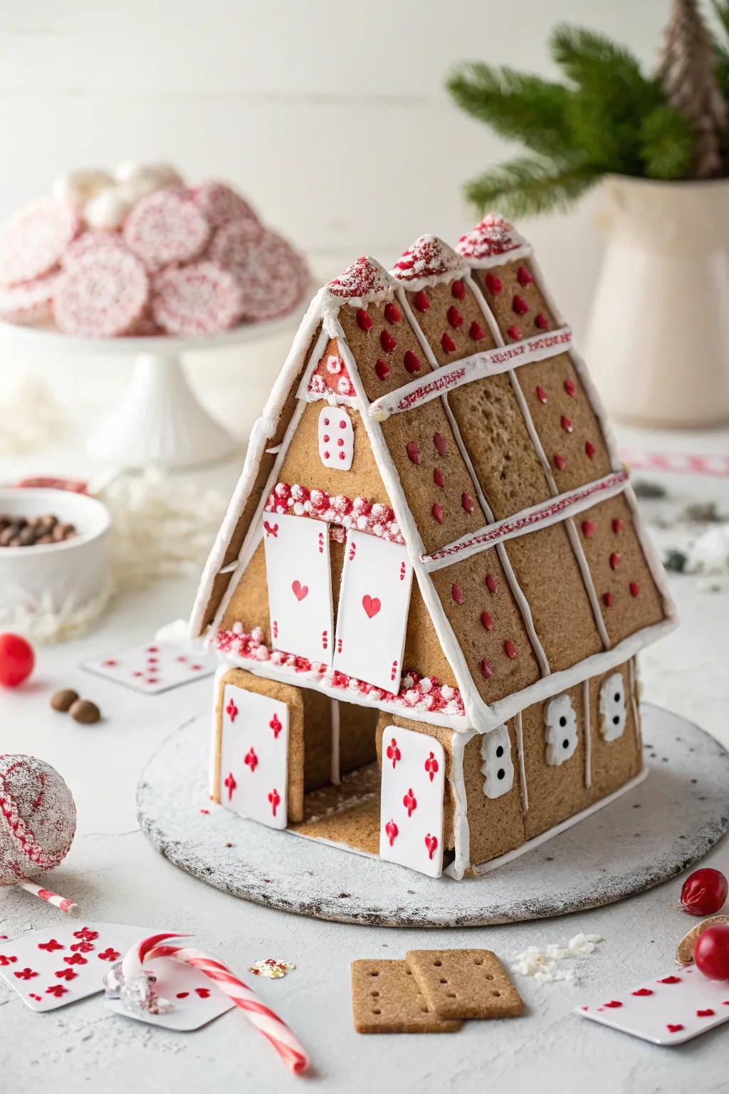 A gingerbread structure like a house of cards