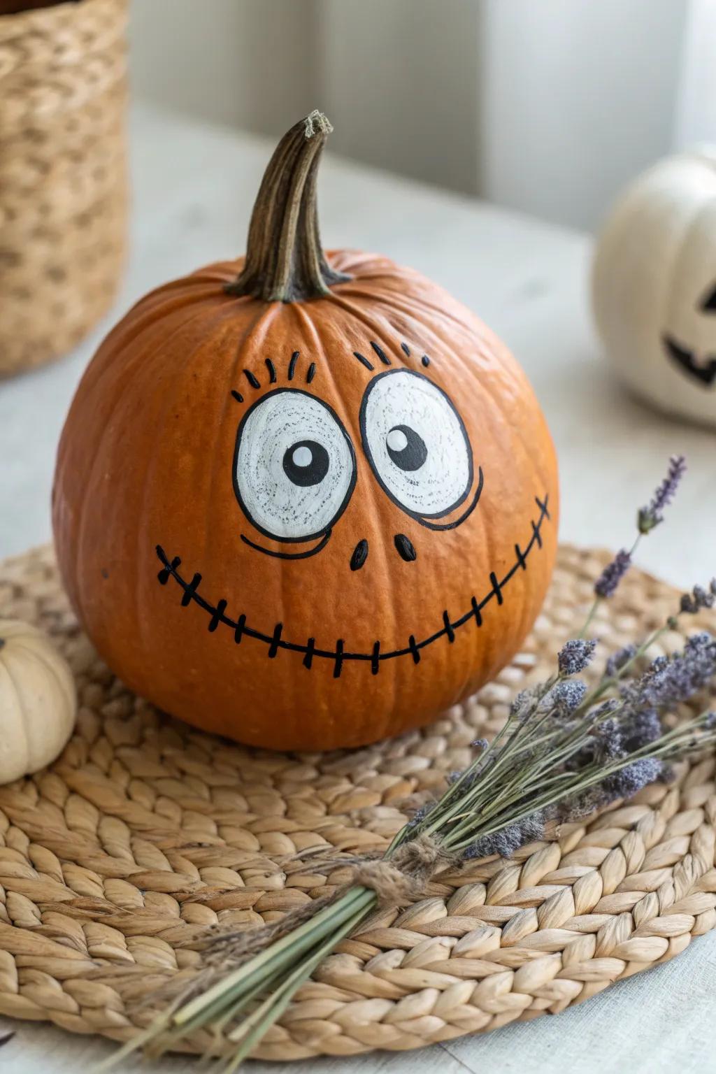 Evoke a smile within your abode via this whimsically adorned gourd—quintessential for a lighthearted Halloween ambiance!