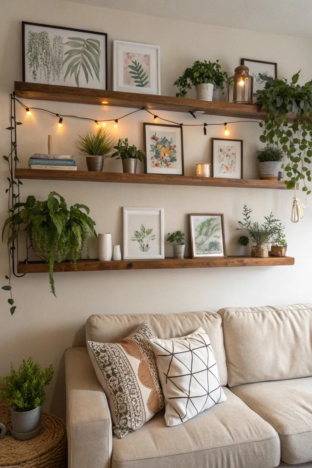 Floating shelves are placed behind the sofa, which gives the space a contemporary feel.