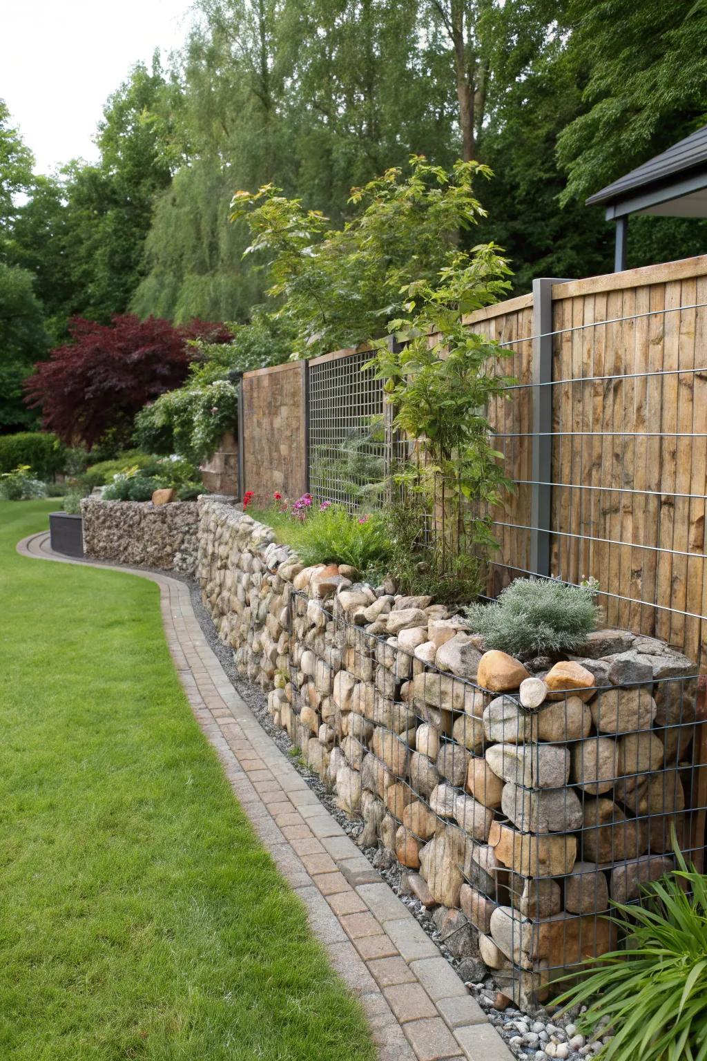 Attain harmony by assimilating gabion fences with the landscape.