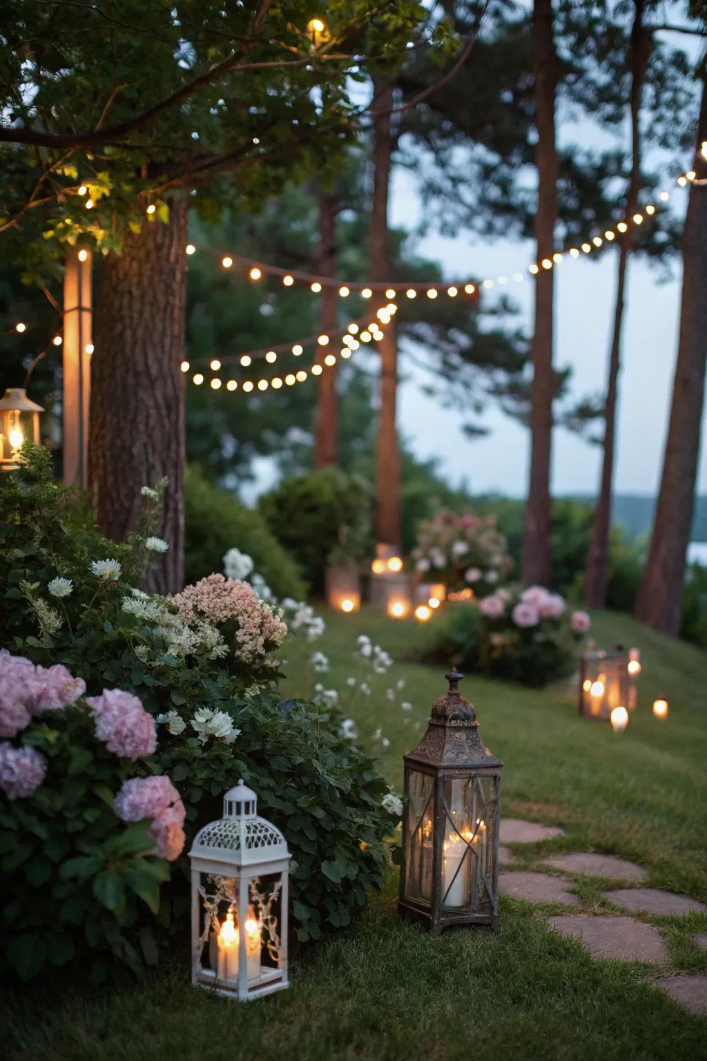 An enchanting garden atmosphere crafted with decorative illumination.