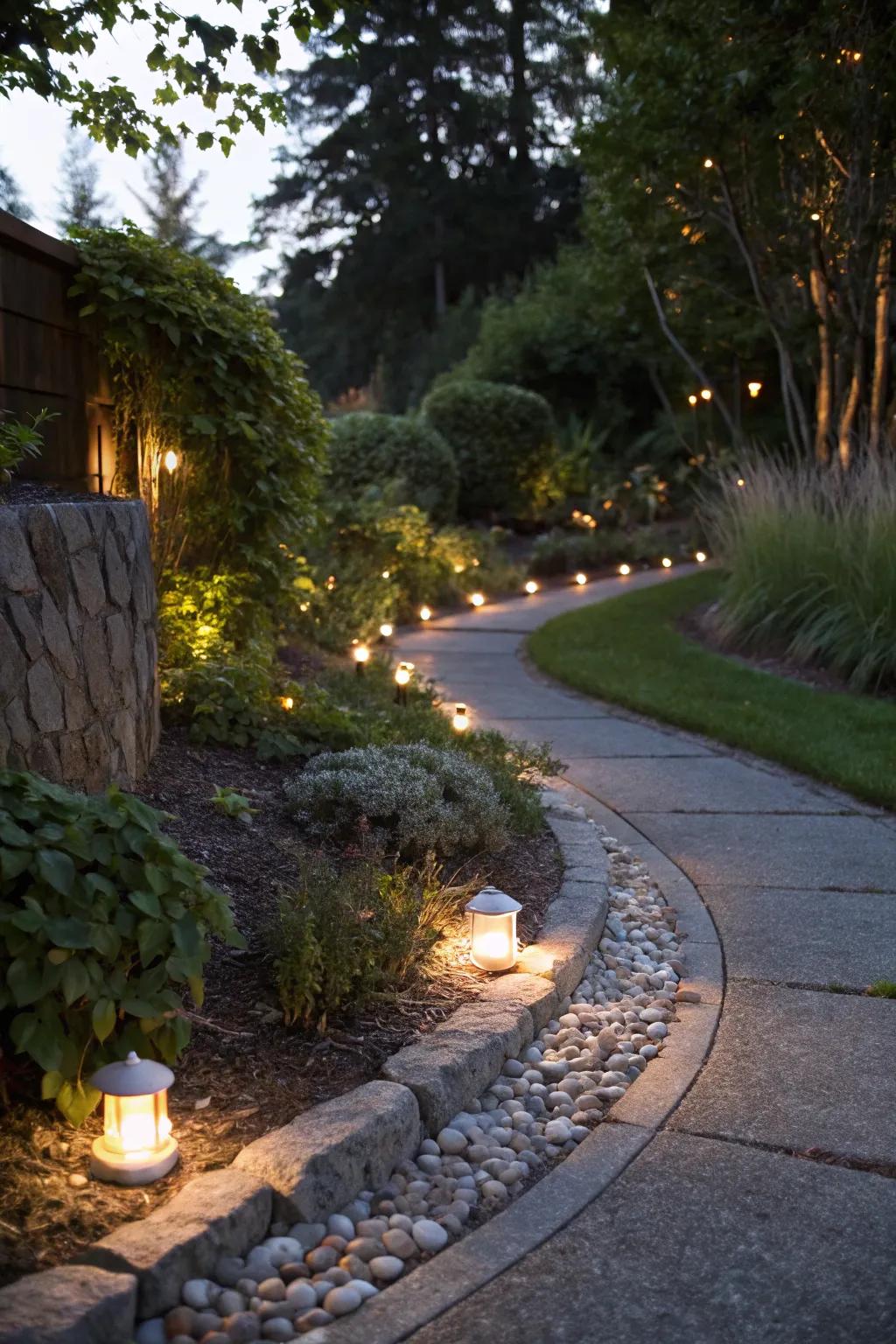 Unified illumination imparts allure and utility to garden edges.