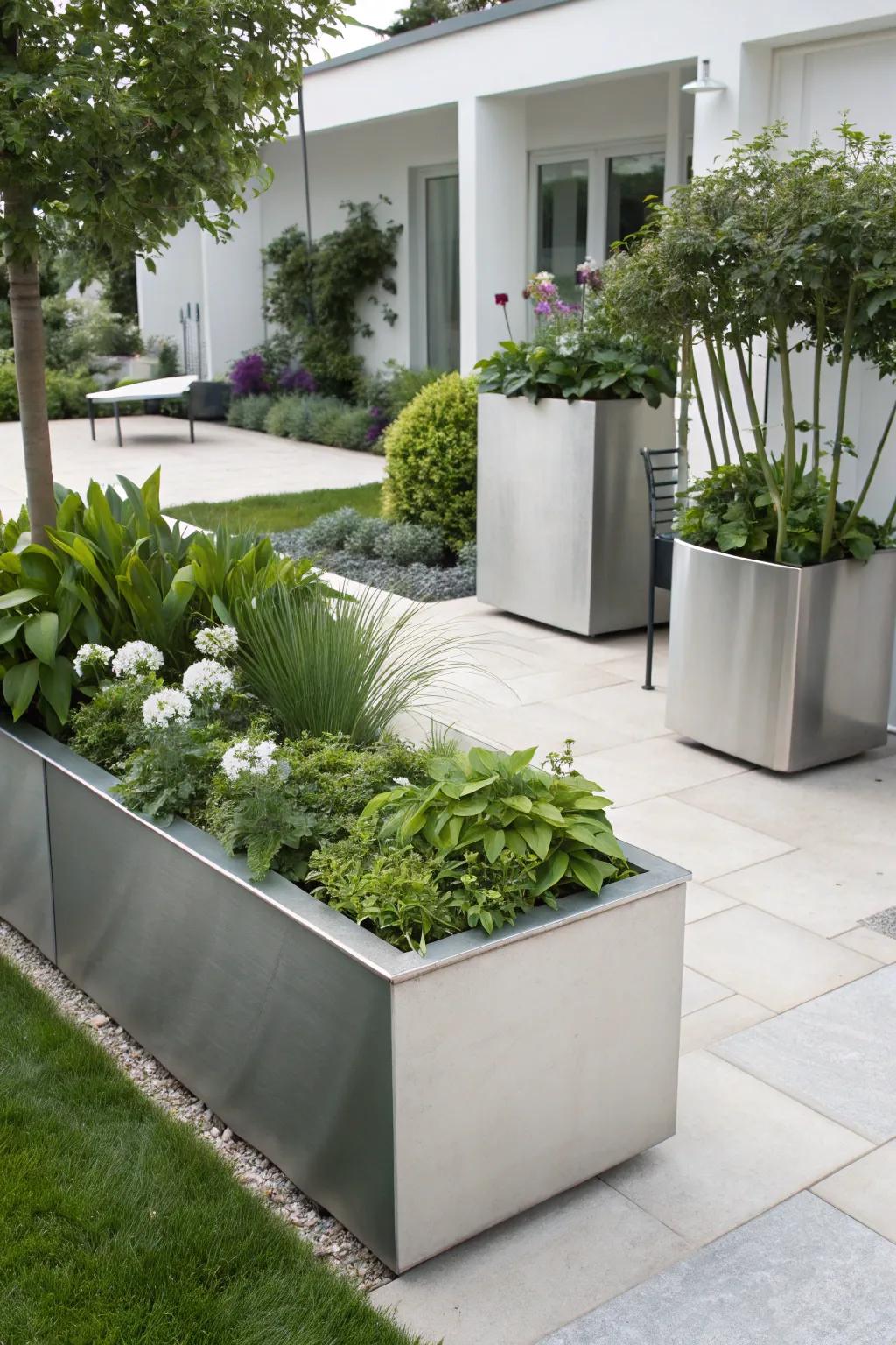 A contemporary garden with smooth metal planters and a minimalistic design.
