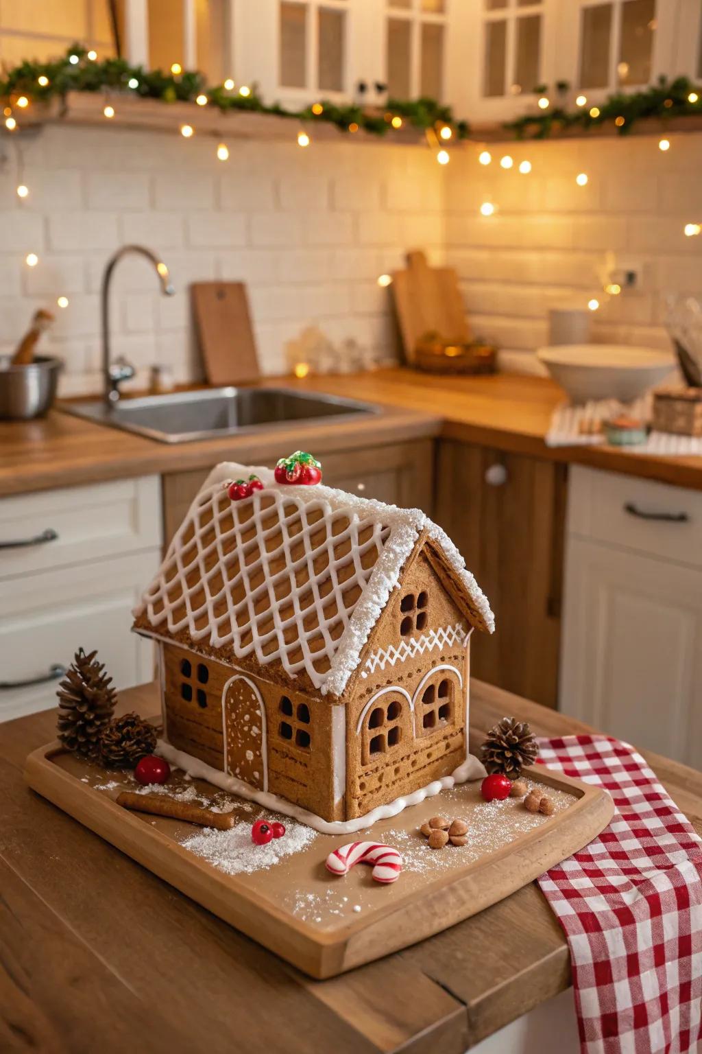 A gingerbread house roof showcasing honeycomb biscuit tiles.