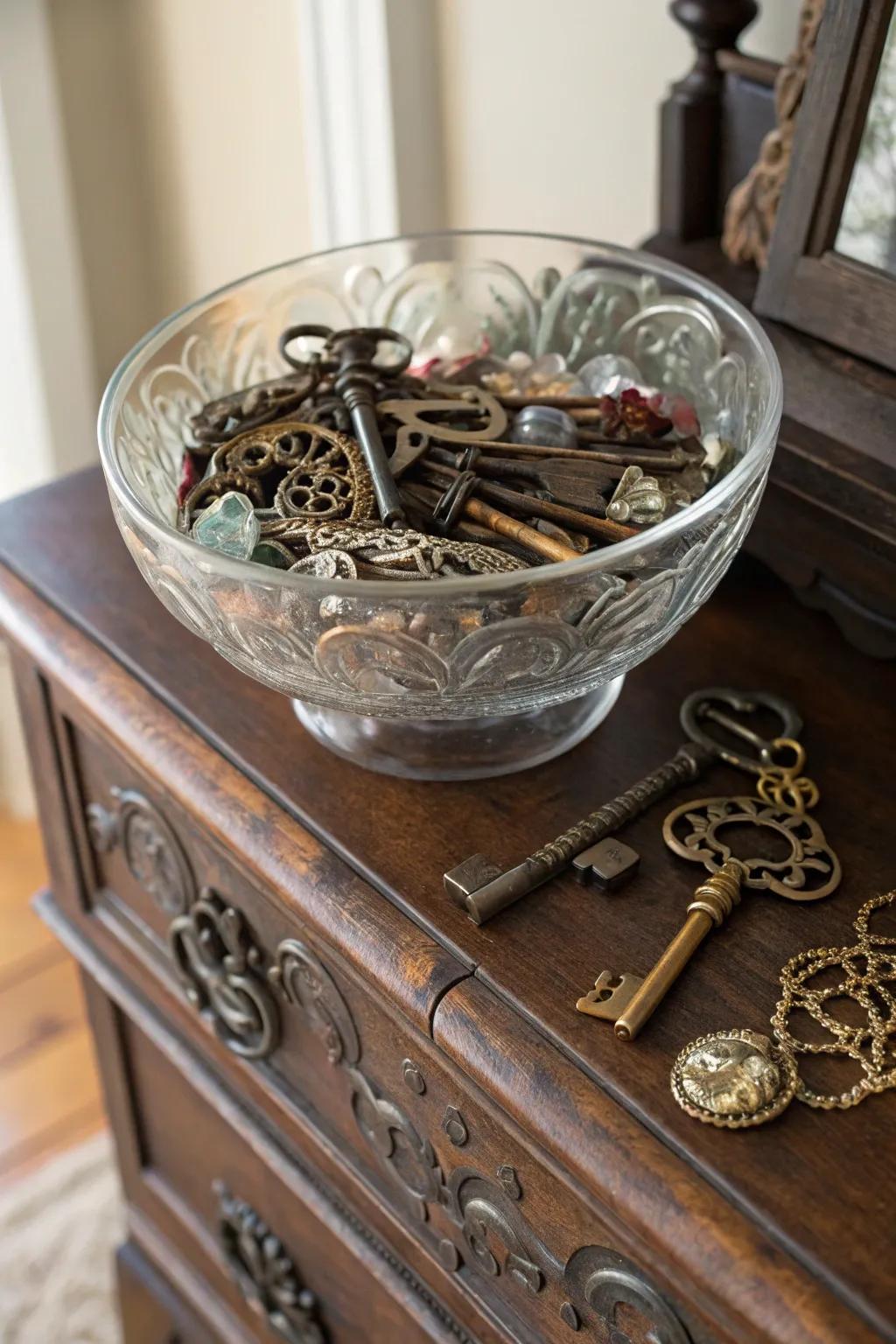 Vintage charm featuring keys and keepsakes within a glass bowl.
