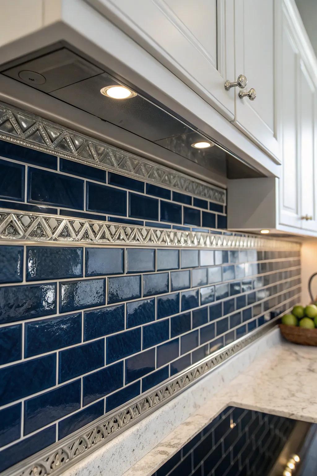 Metallic embellishments employing glass tiles proffer a lavish blueprint constituent.