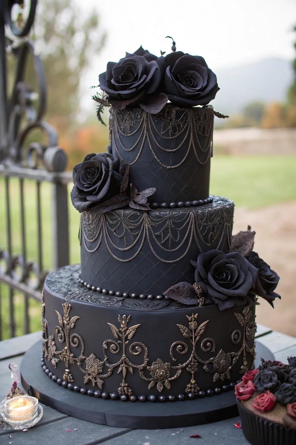 A Gothic wedding confection embellished with shadowy roses and elaborate designs.