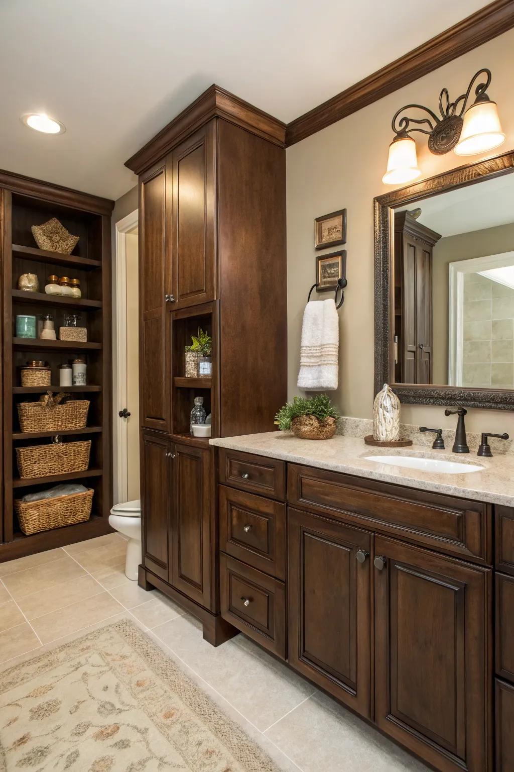 Dark timber elements contribute warmth coupled with consistency to this gothic bathroom.