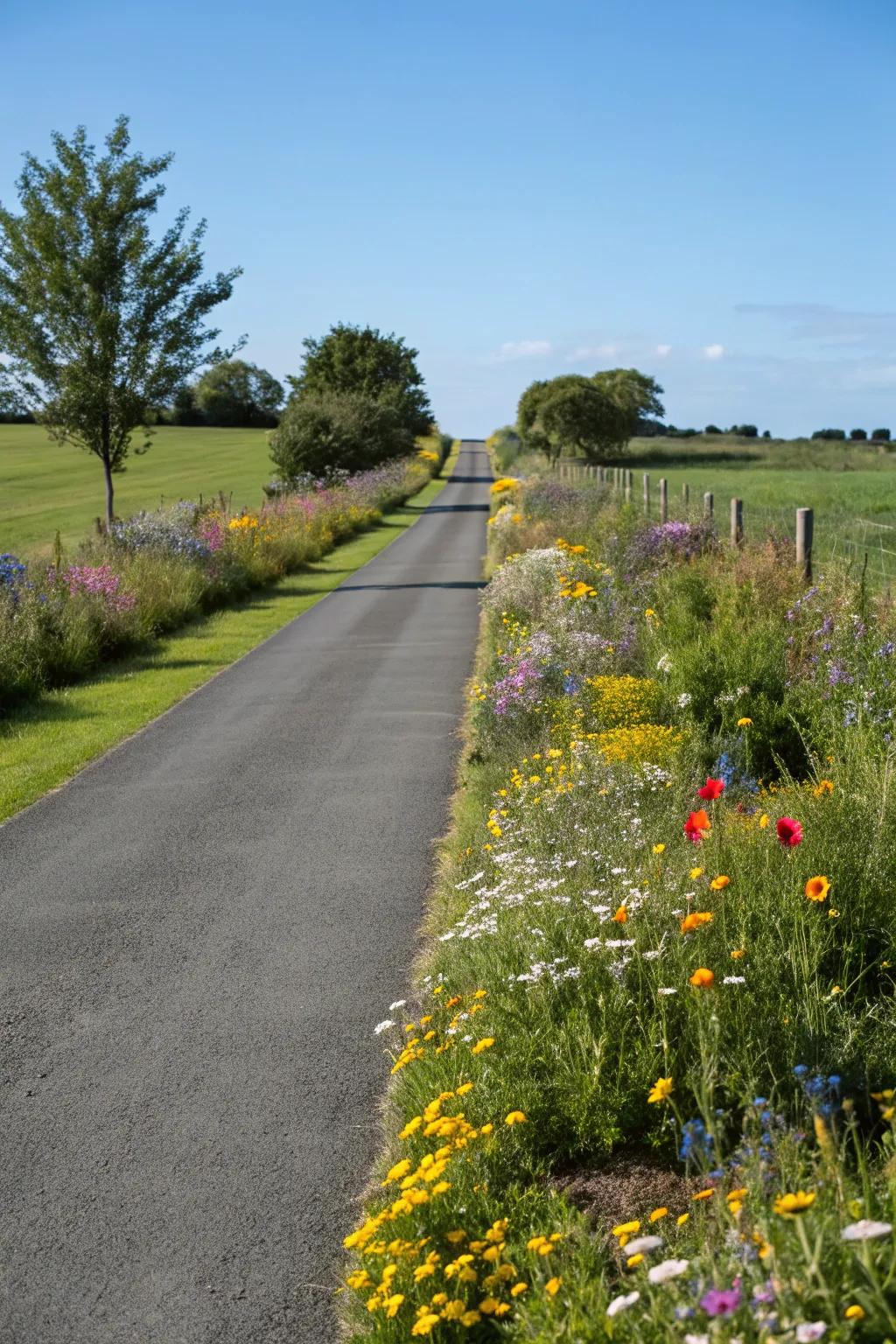 Wildflower edges infuse a colorful element into a turf driveway.
