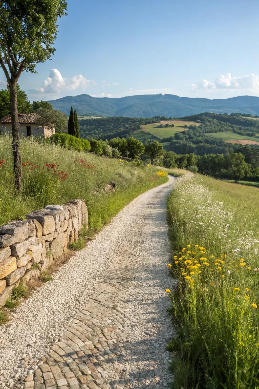 A rustic gravel driveway encapsulates the allure of the countryside.