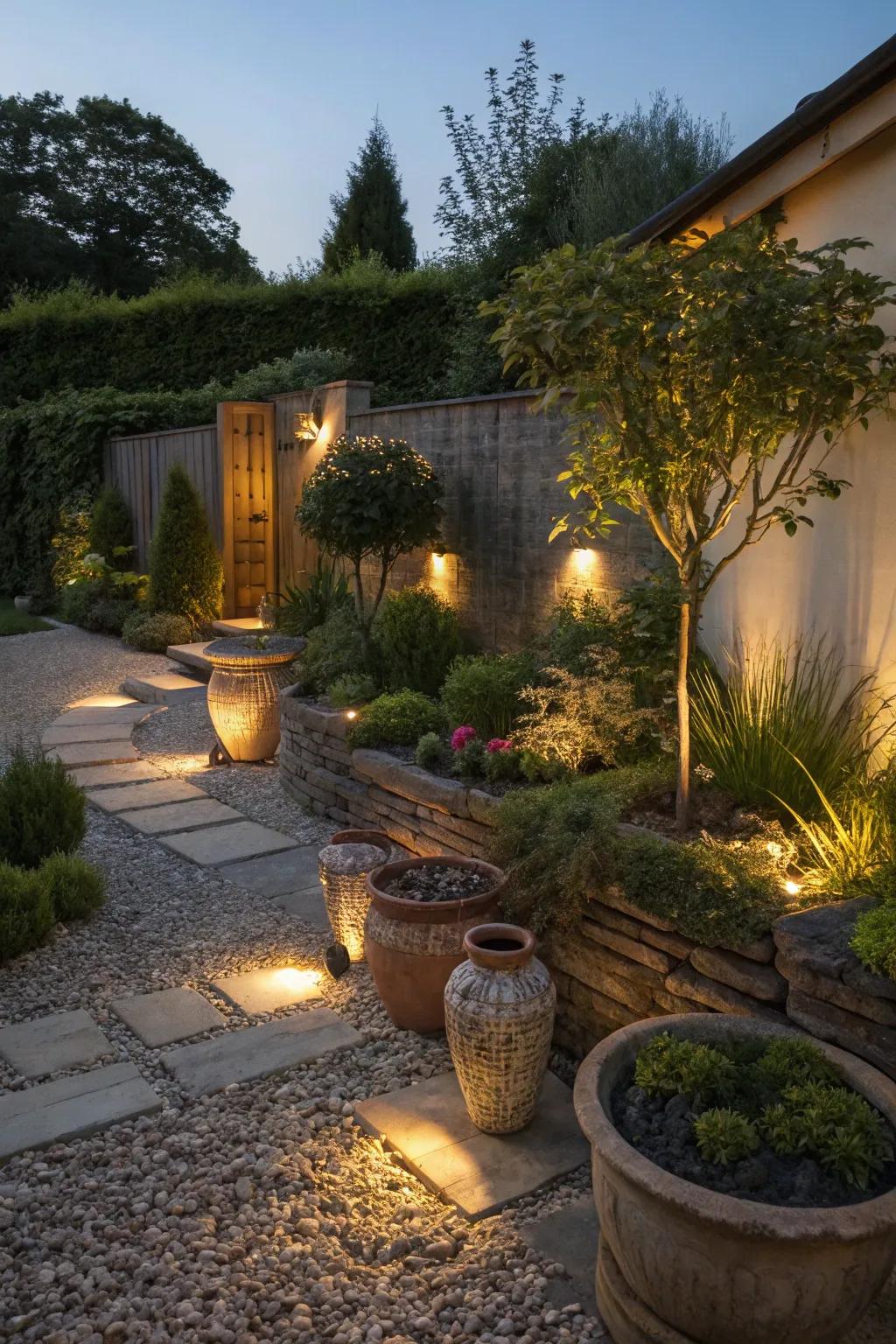 The skillful use of lighting converts a gravel garden into a delightful evening retreat.