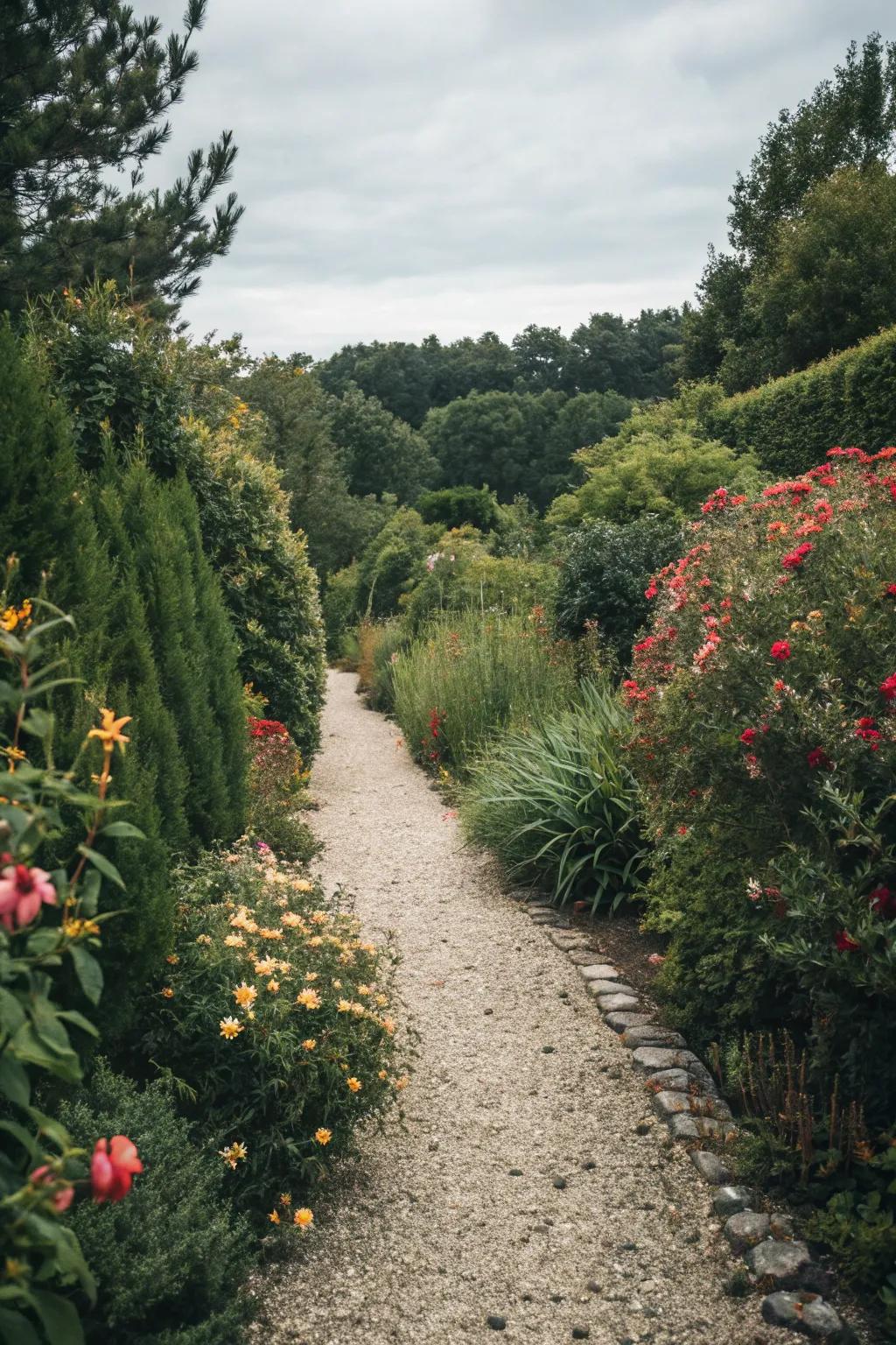 A gravel walkway embraced by rich greenery
