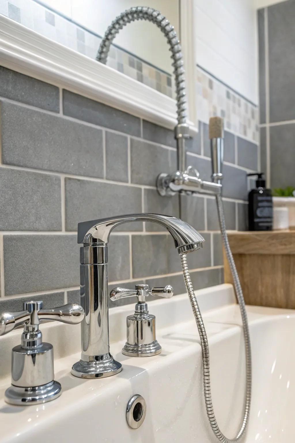 Metallic fixtures infuse a streamlined, contemporary flourish.