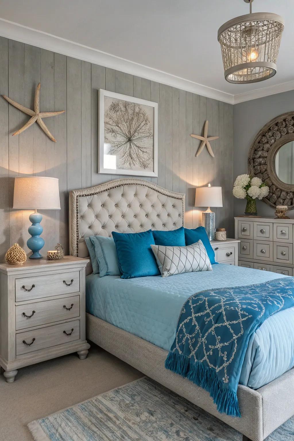 A chic gray bedroom using calming blue tones.