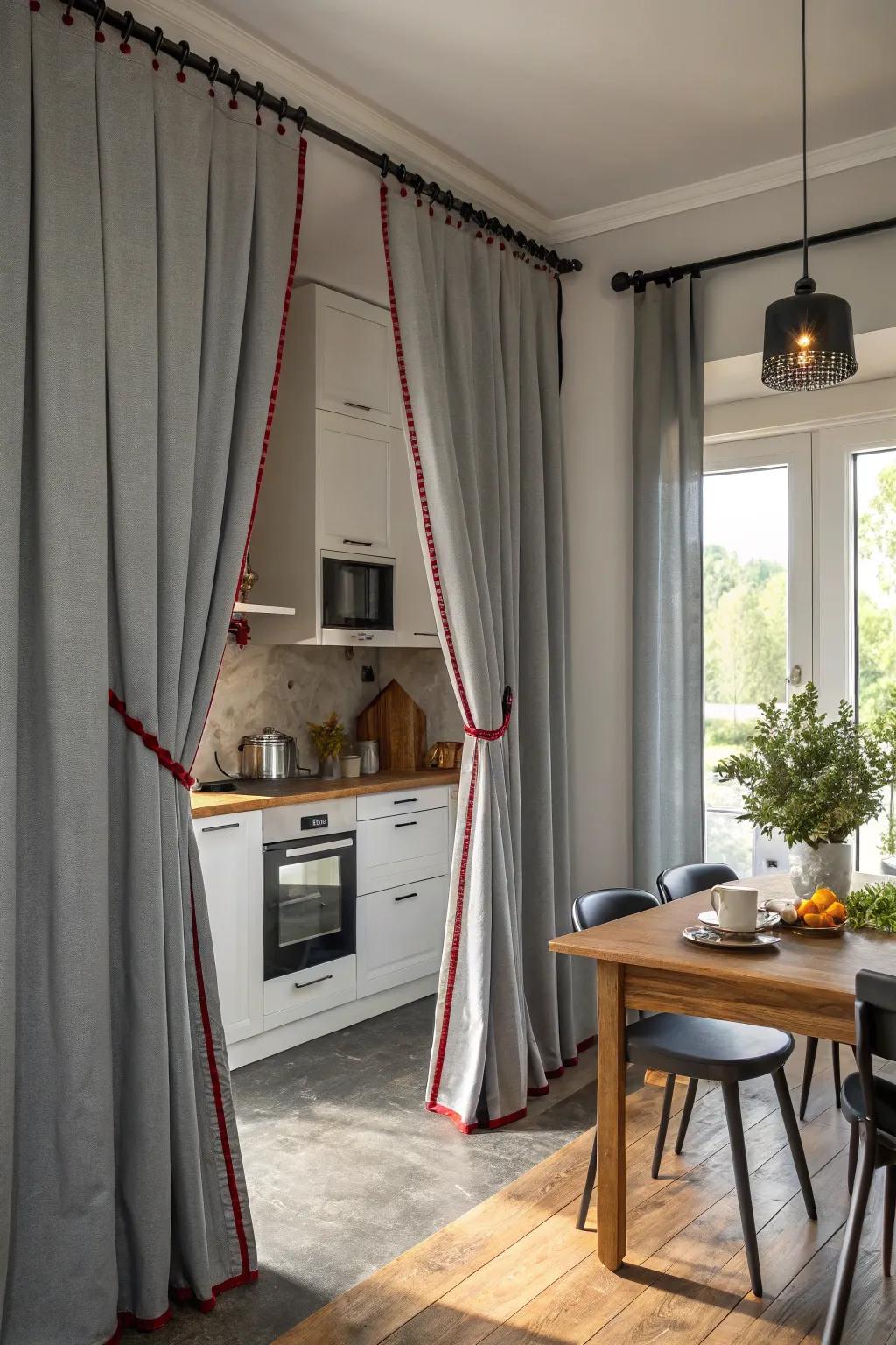 Gray drapes with juxtaposing margins for a striking visual element.