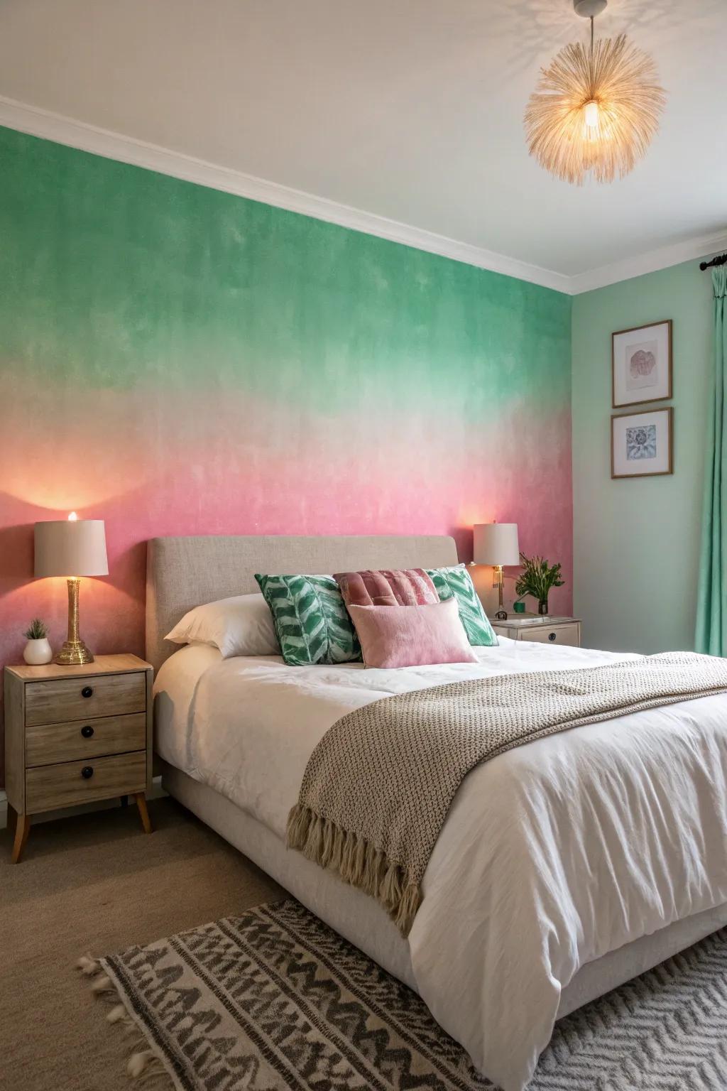Ombre walls showcasing verdant and roseate deliver an exceptional and graceful visual.