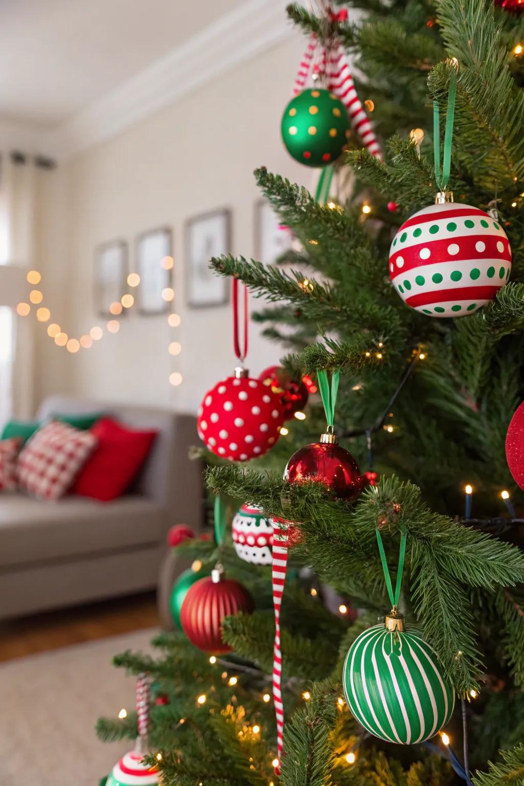 An exuberant Christmas tree featuring playful crimson and emerald designs.