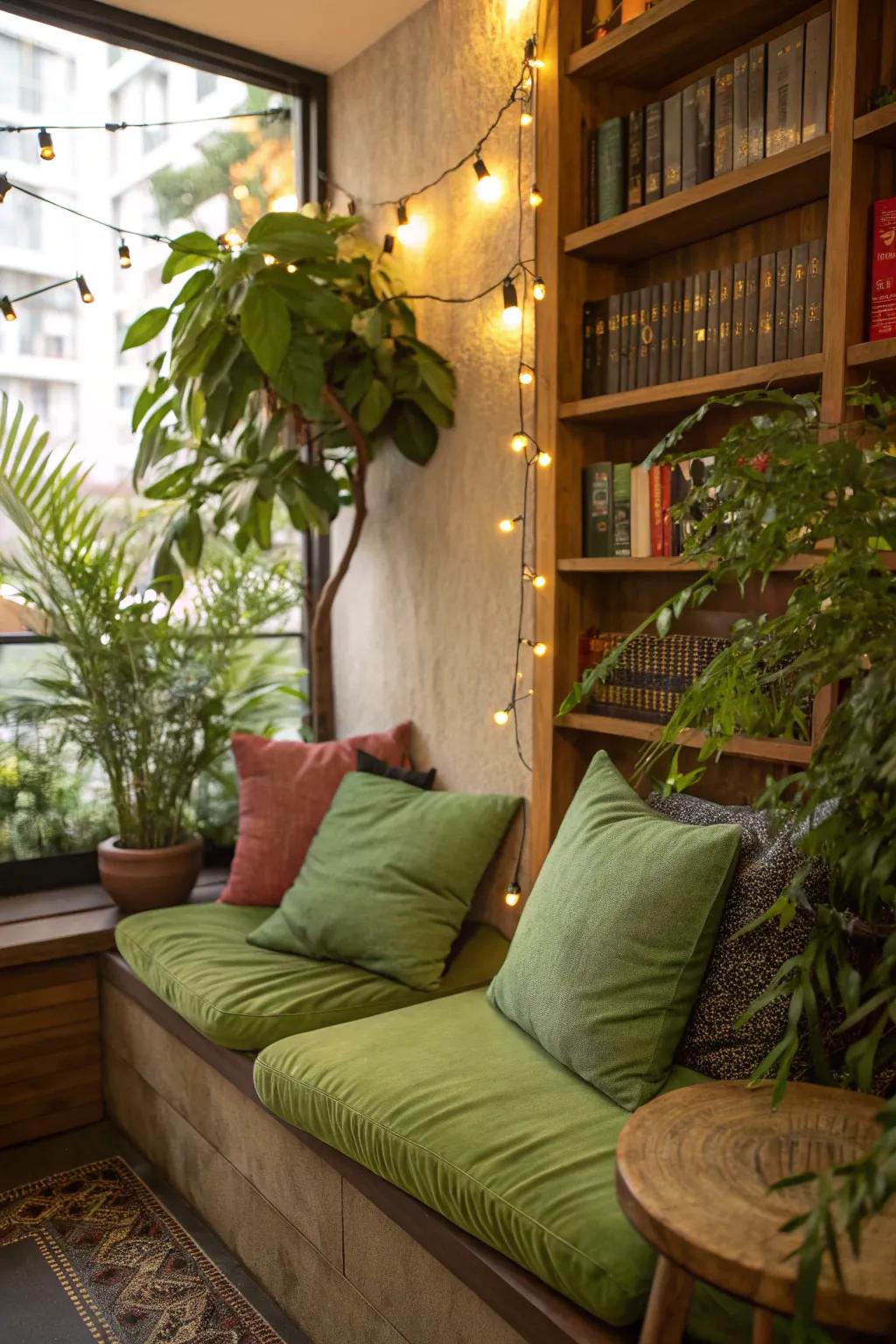 An inviting book corner with verdant features.
