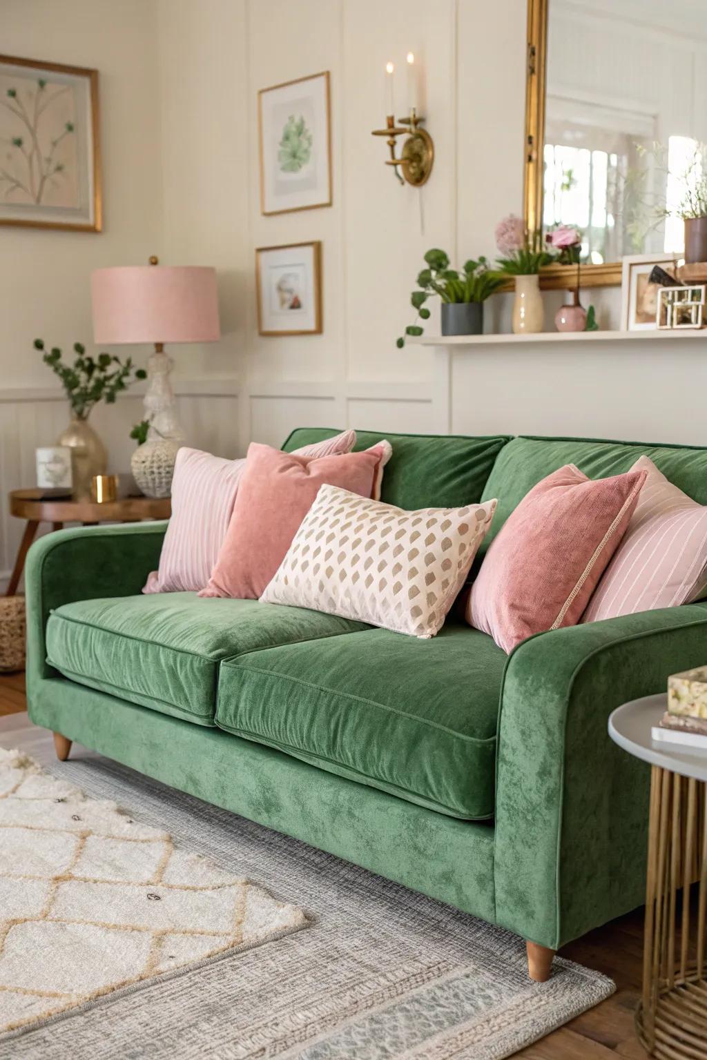 A snug lounge featuring a green velvet couch and soft pastel features.