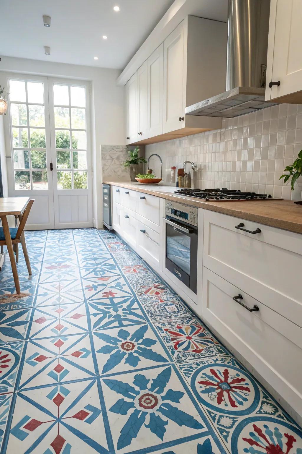 Striking floor tiles infusing character into the kitchen