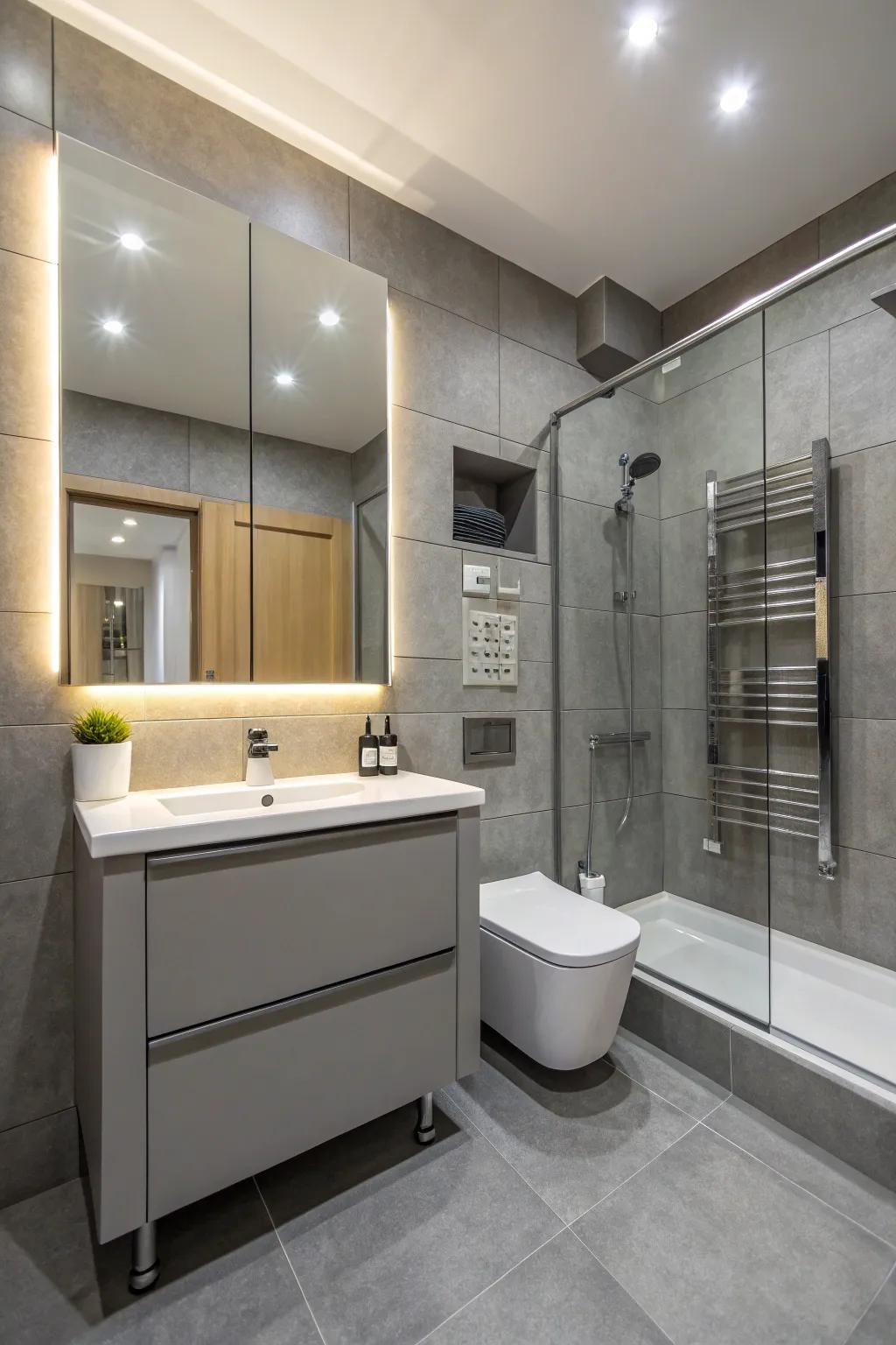 A calculated structure enhances both purpose and style in a grey bathroom.
