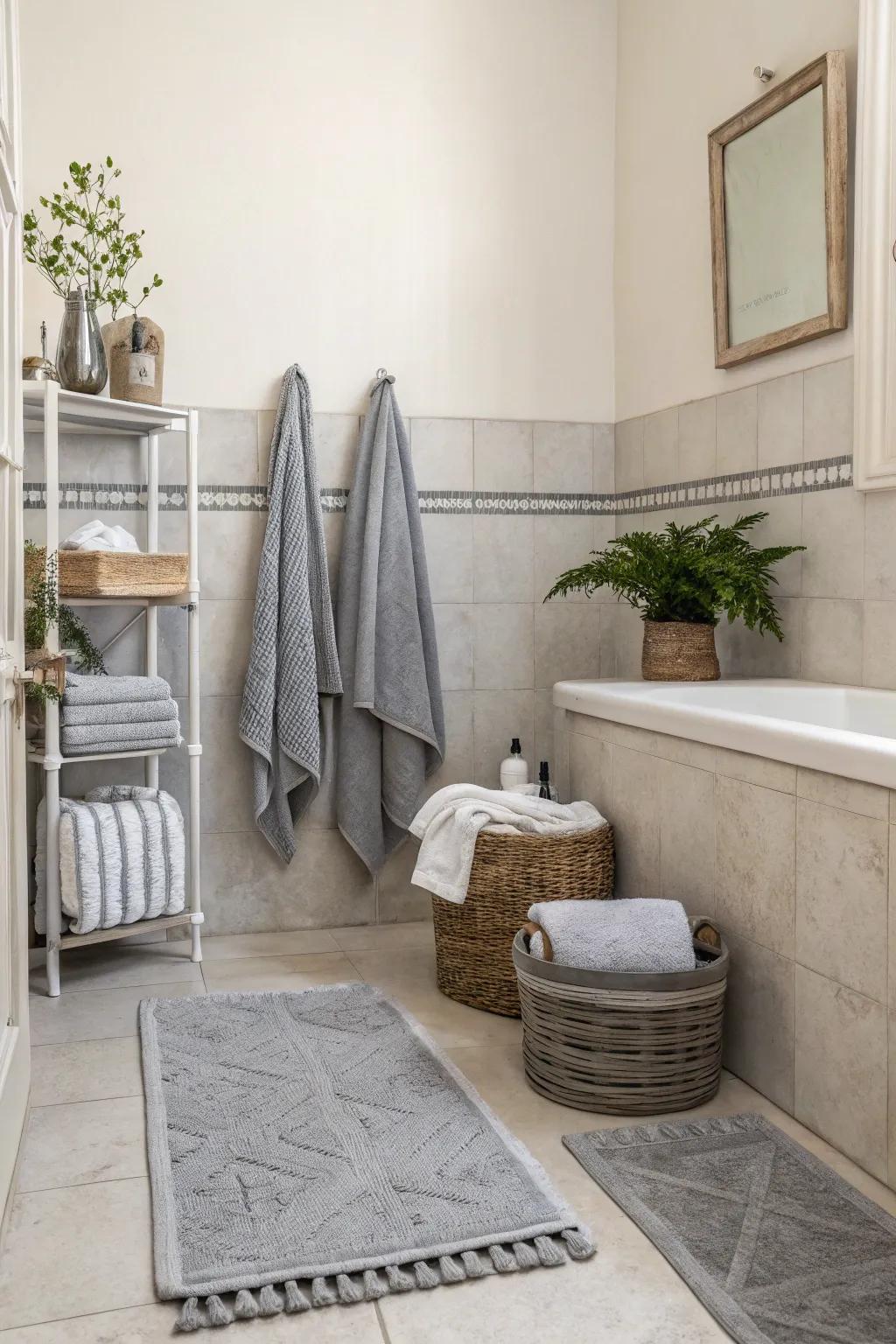 Grey details harmonize and balance bold components within this chic lavatory.