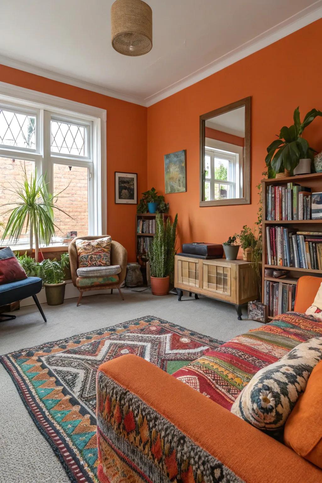 Tangerine walls contribute an energetic splash to areas featuring grey carpet.