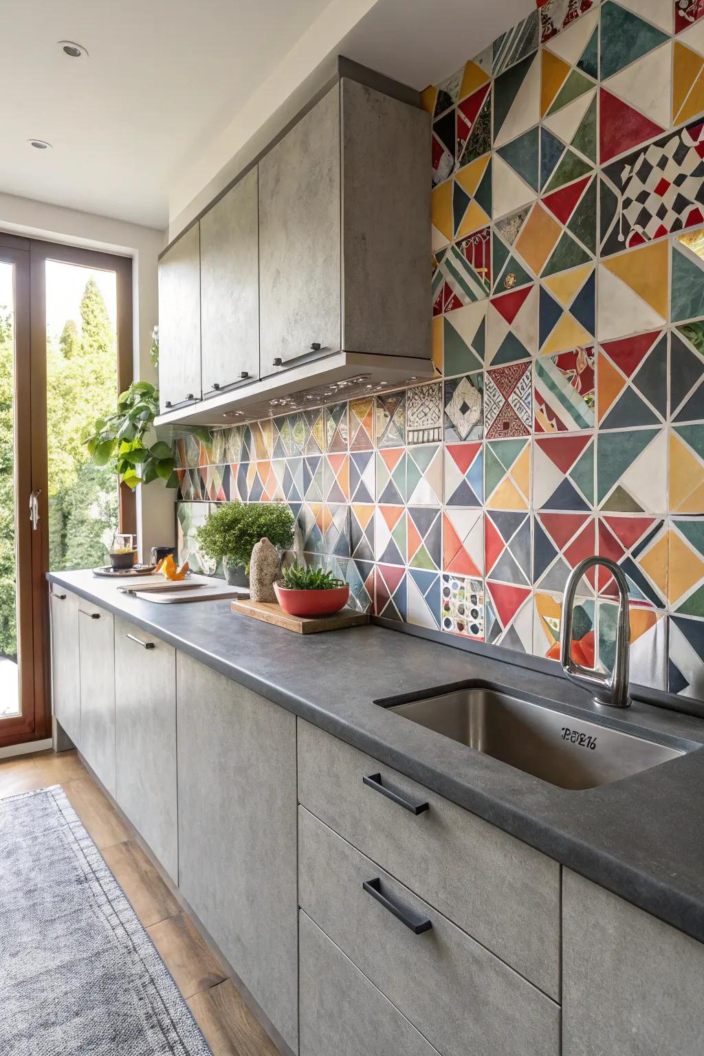 Grey countertops featuring a striking geometric back panel.
