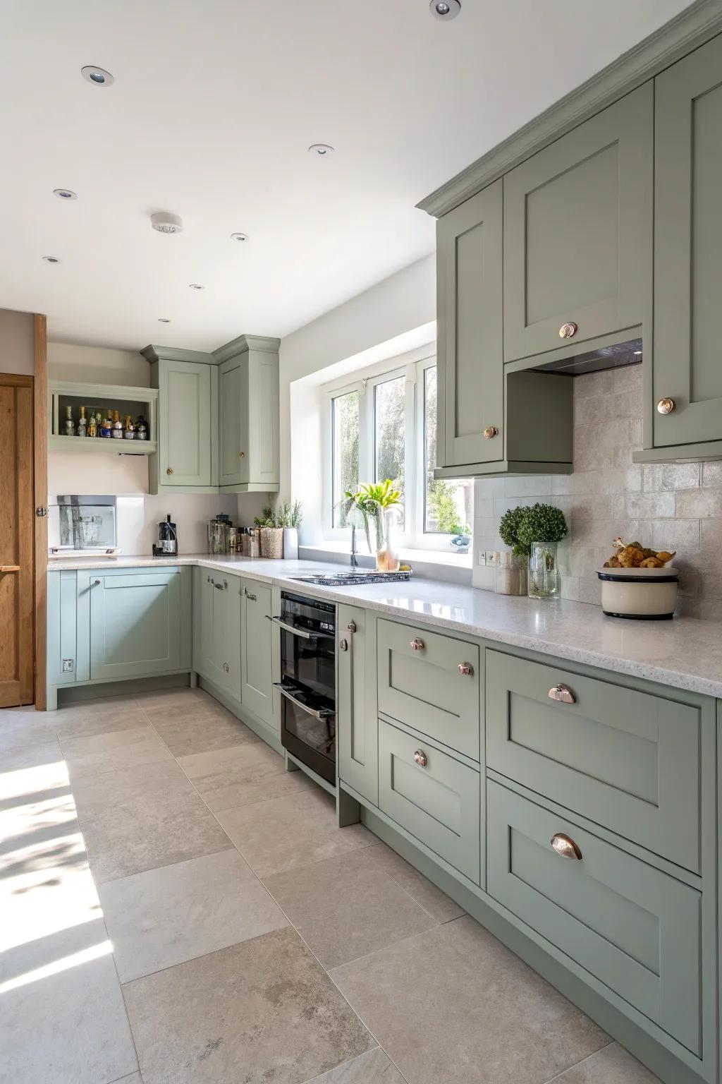 Pale worktops enhance the airy sensation of grey-green cabinets.