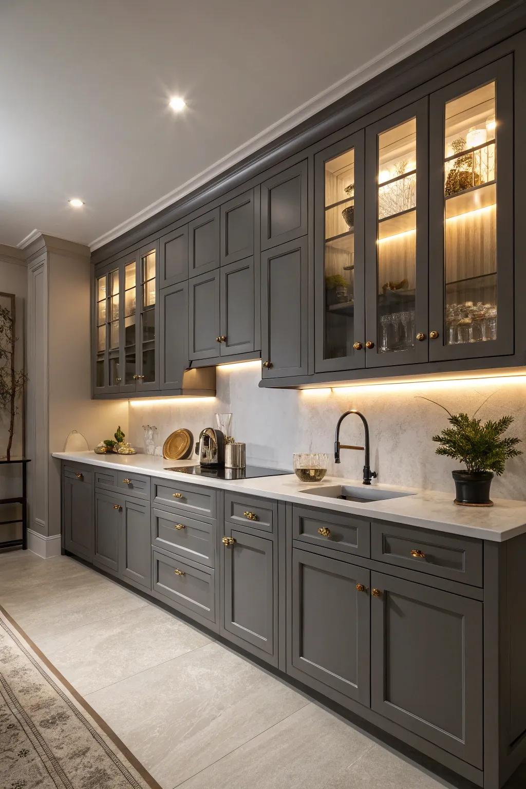 Charcoal creates a dramatic and luxurious kitchen ambiance.