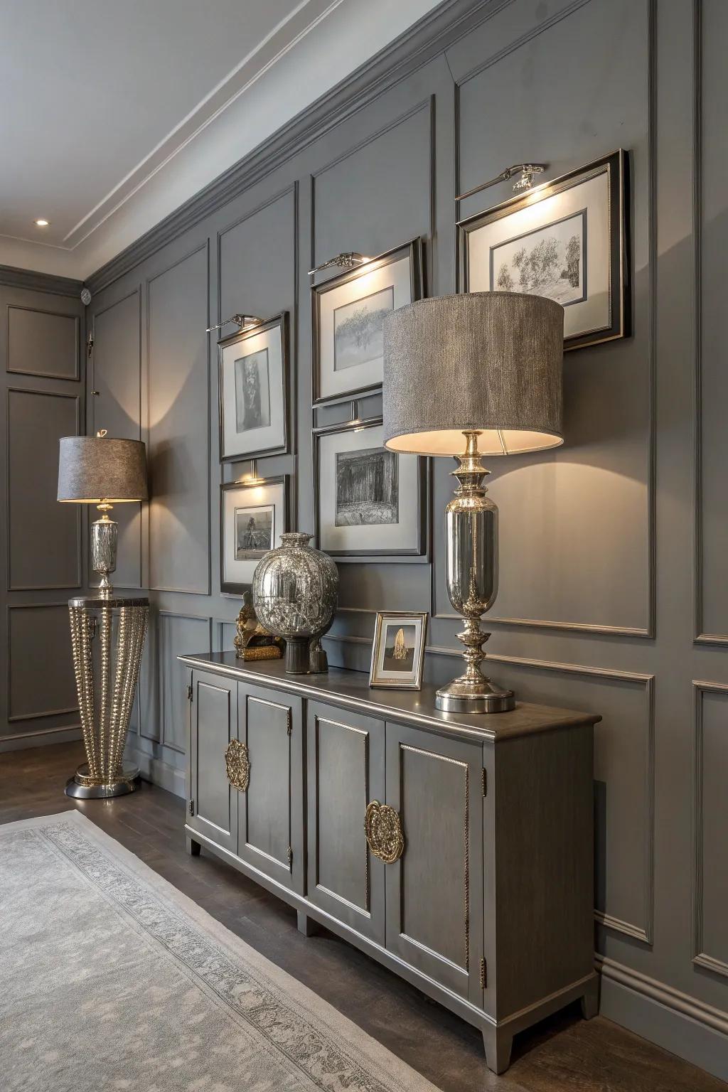 Metallic touches impart glamour to this grey-themed room.