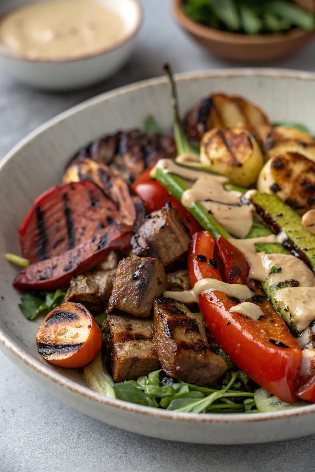 A delectable smoky flavor is produced by charred meats and greens.