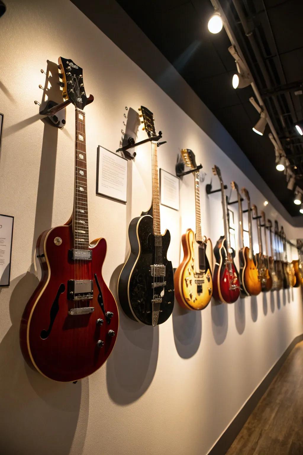 Guitars accentuated with spotlights for an exhibit impression.