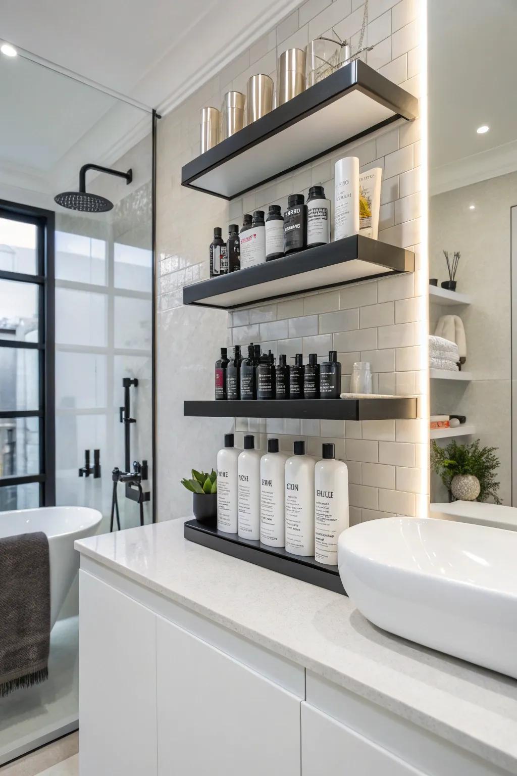 Minimalist suspended shelves for a clean and structured visual.